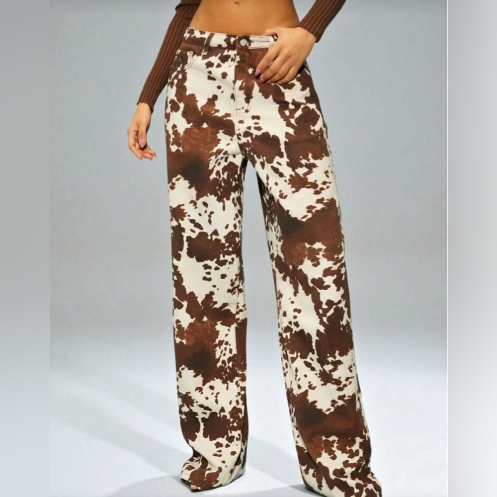 Brown and White Cow Print Women's Pants